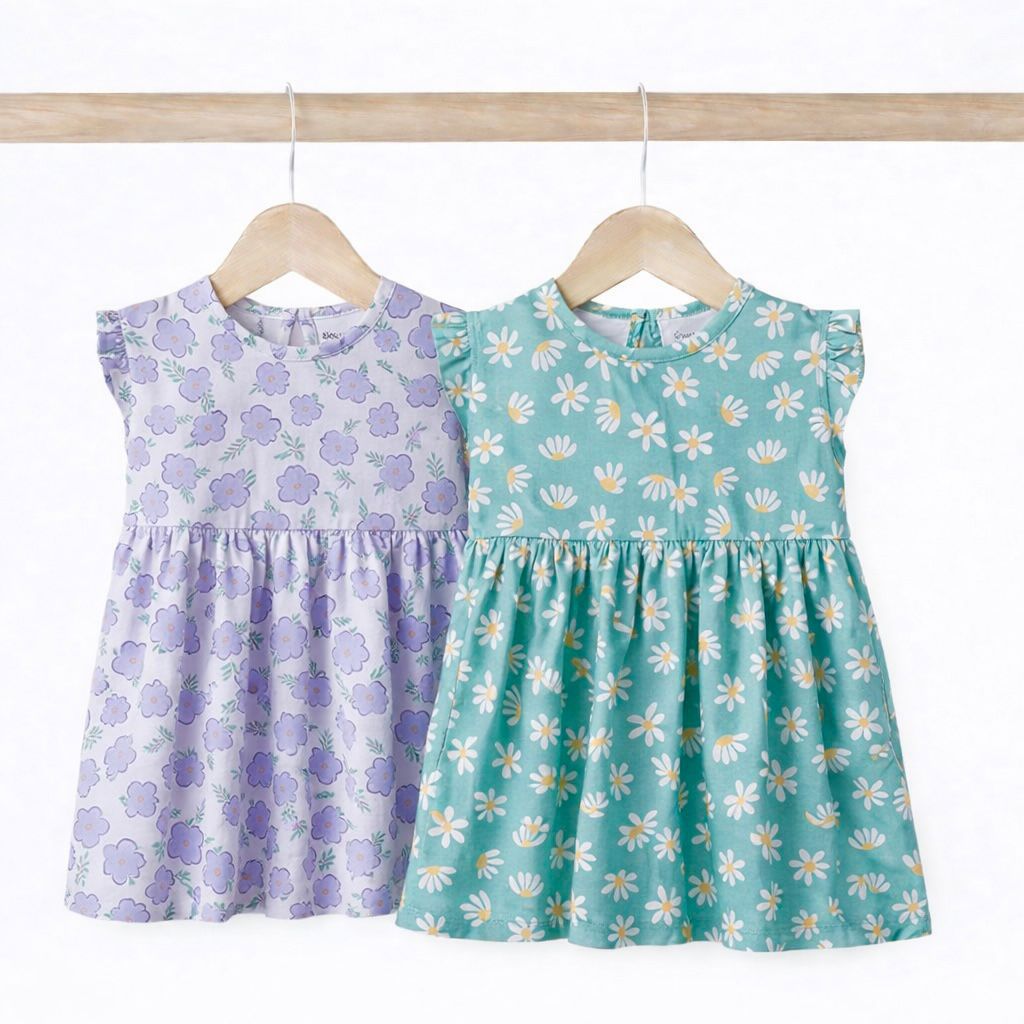 Girls Cotton Frock- Green & Purple Flowers- Pack of 2