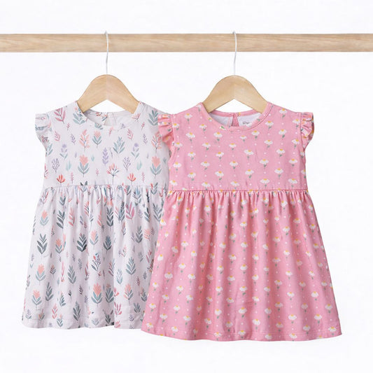 Girls Cotton Frock- Pastel Leaves & Dandelions- Pack of 2