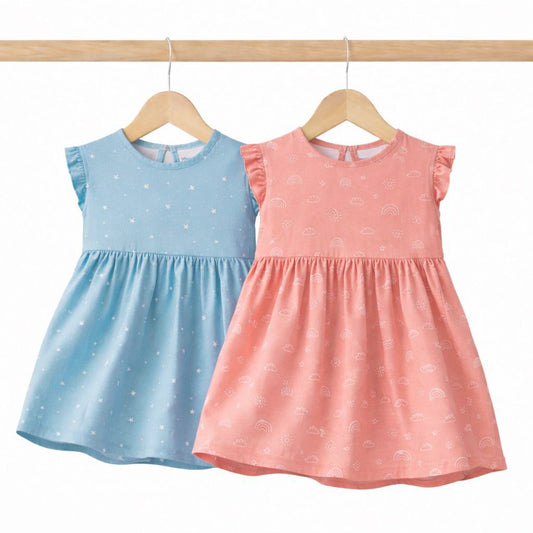 Girls Cotton Frock- Grey Sky & Magical Sky- Pack of 2