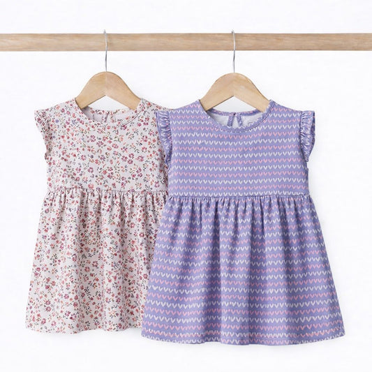 Girls Cotton Frock- Blossom & Purple Hearts- Pack of 2