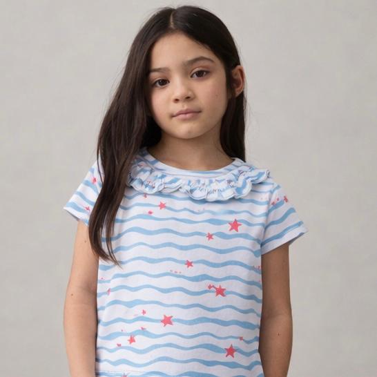 Girls Cotton Half-Sleeve Top- Waves