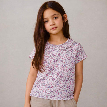 Girls Cotton Half-Sleeve Top- Blossom & Purple Hearts- Pack of 2