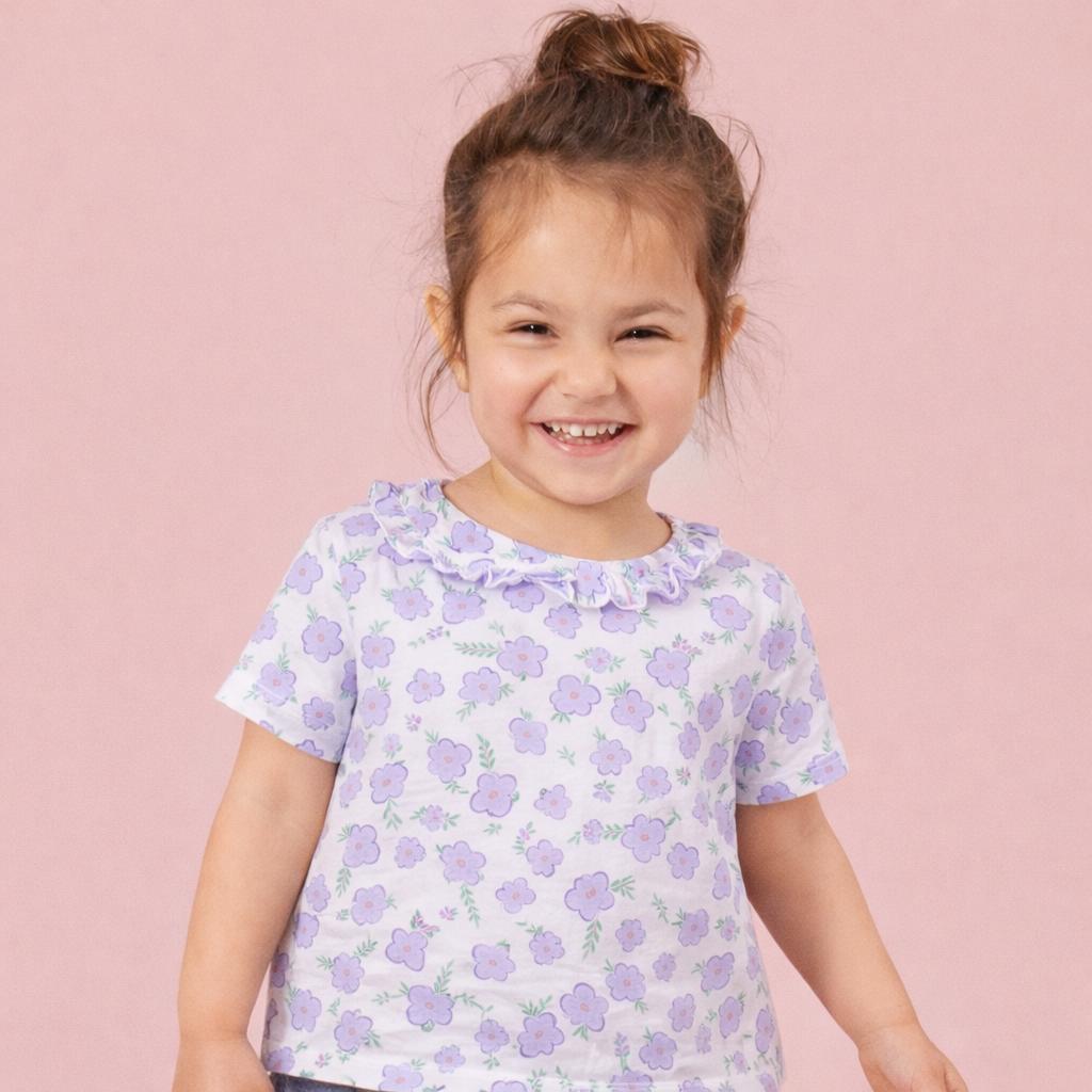 Girls Cotton Half-Sleeve Top- Green & Purple Flowers- Pack of 2