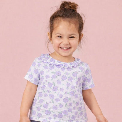Girls Cotton Half-Sleeve Top- Green & Purple Flowers- Pack of 2