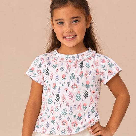 Girls Cotton Half-Sleeve Top- Pastel Leaves