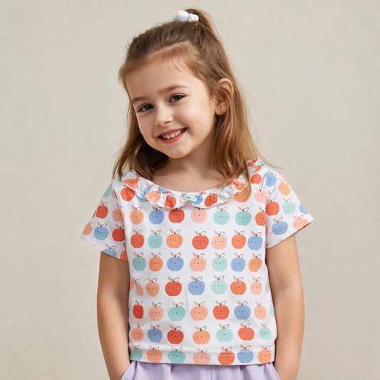 Girls Cotton Half-Sleeve Top- Apples