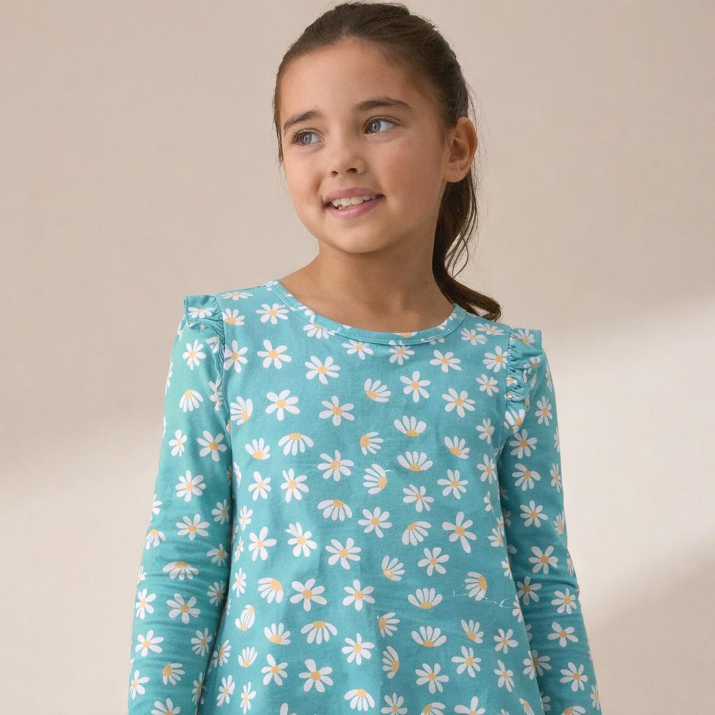 Girls Cotton Full-Sleeve Top- Green Flowers