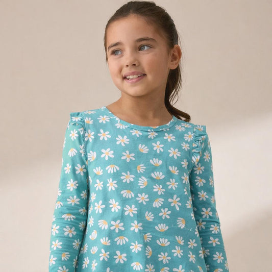 Girls Cotton Full-Sleeve Top- Green Flowers
