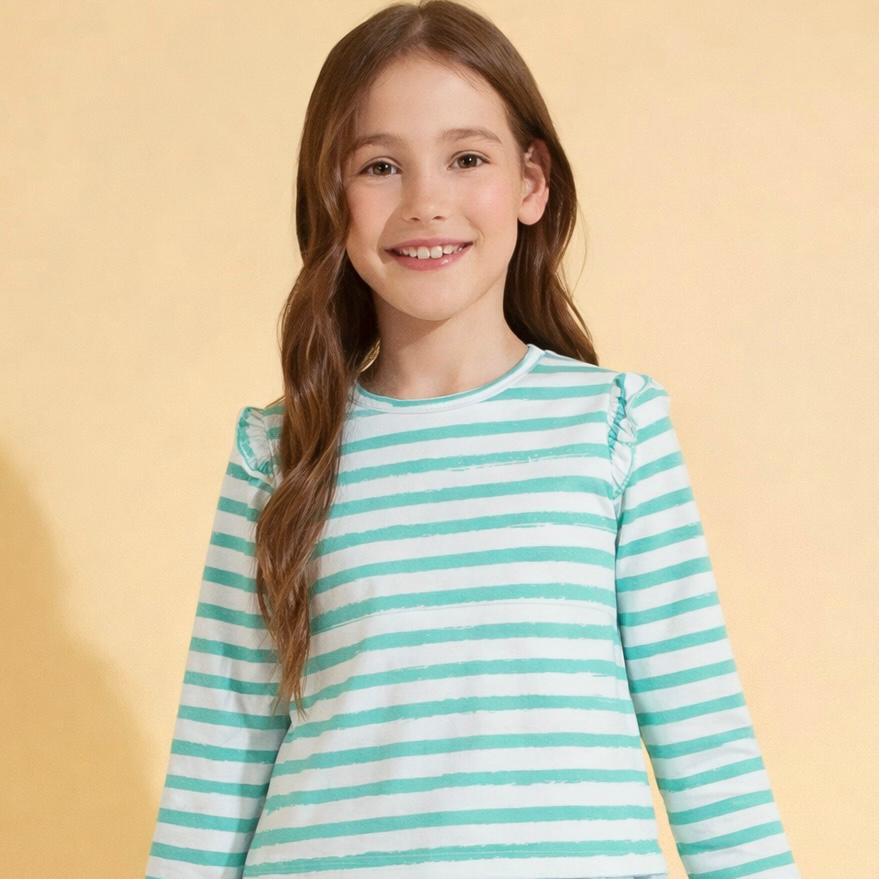 Girls Cotton Full-Sleeve Top- Green Stripes & Underwater- Pack of 2