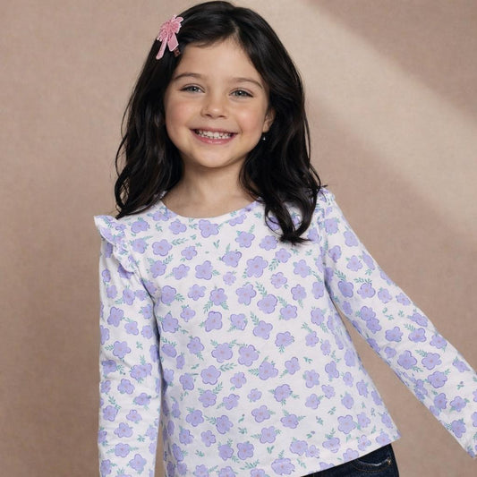 Girls Cotton Full-Sleeve Top- Green & Purple Flowers- Pack of 2