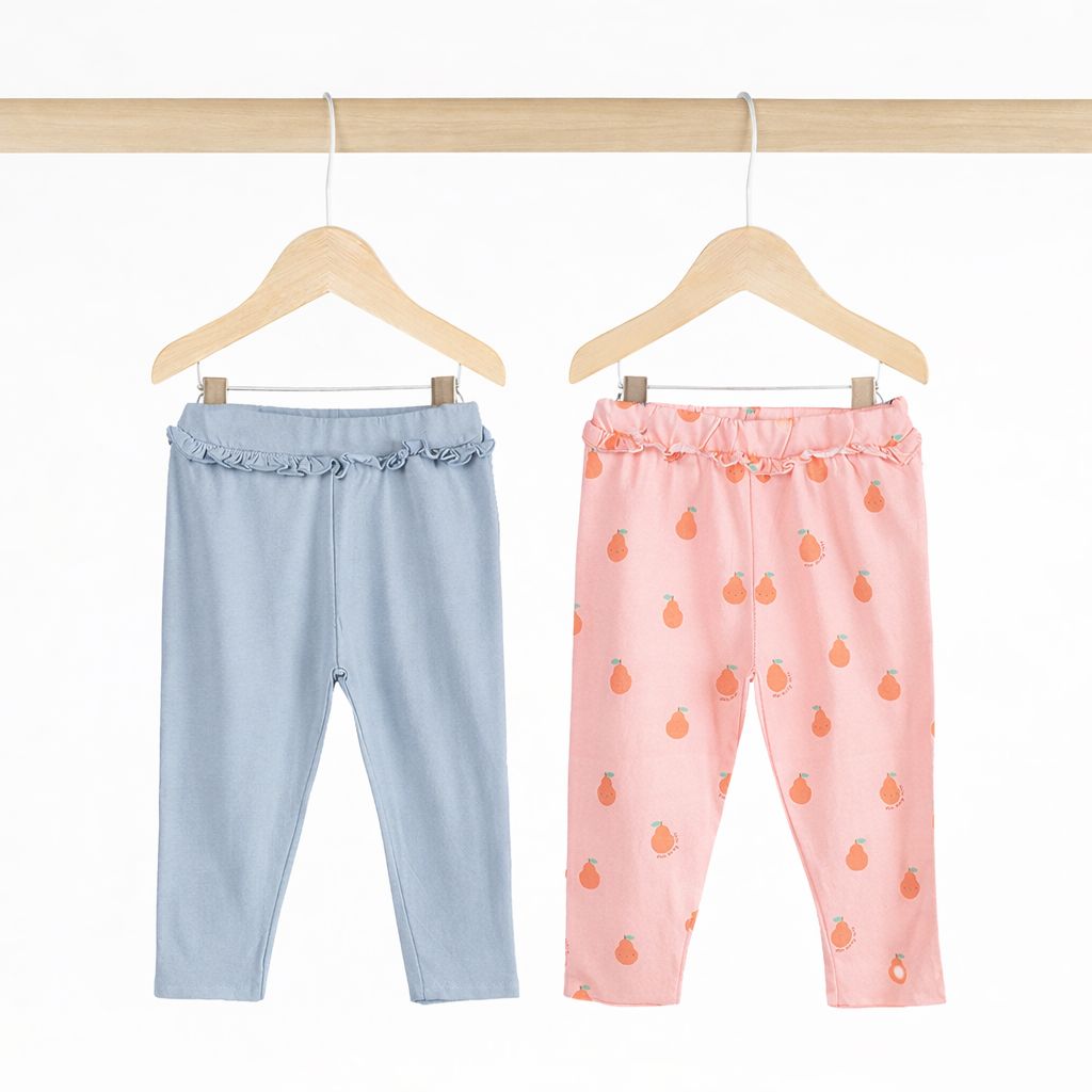 Girls Cotton Leggings- Pears & Powder Blue- Pack of 2