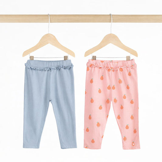 Girls Cotton Leggings- Pears & Powder Blue- Pack of 2