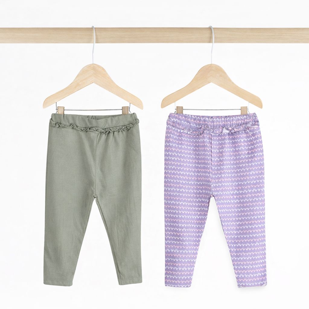 Girls Cotton Leggings- Purple Hearts & Olive Green- Pack of 2