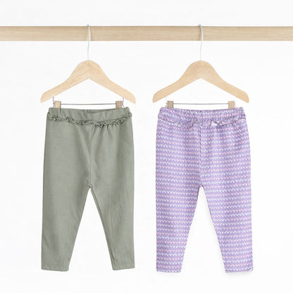 Girls Cotton Leggings- Purple Hearts & Olive Green- Pack of 2