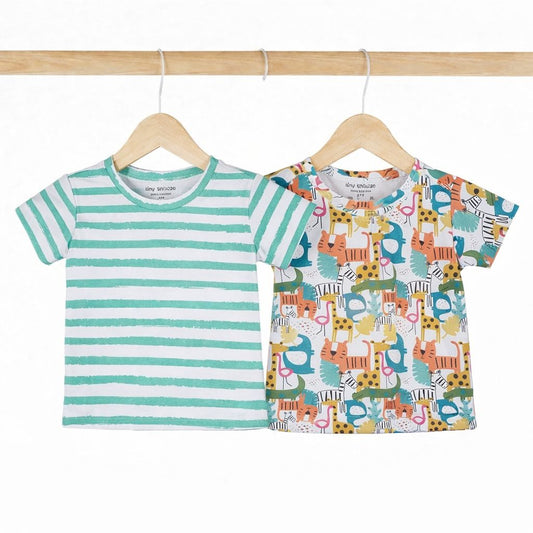 Kids Cotton Tshirt- Colorful Animals & Green Stripes- Pack of 2