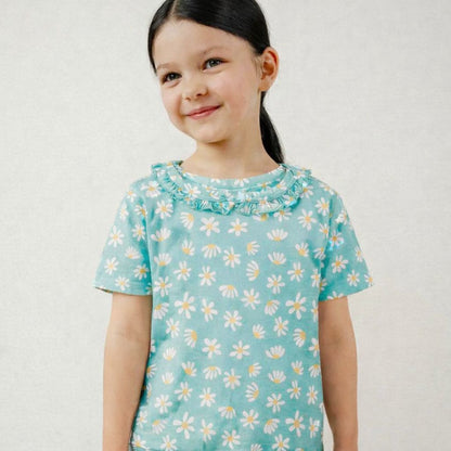 Girls Cotton Half-Sleeve Top- Green Flowers