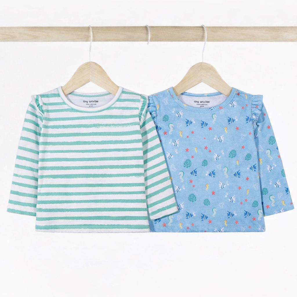 Girls Cotton Full-Sleeve Top- Green Stripes & Underwater- Pack of 2