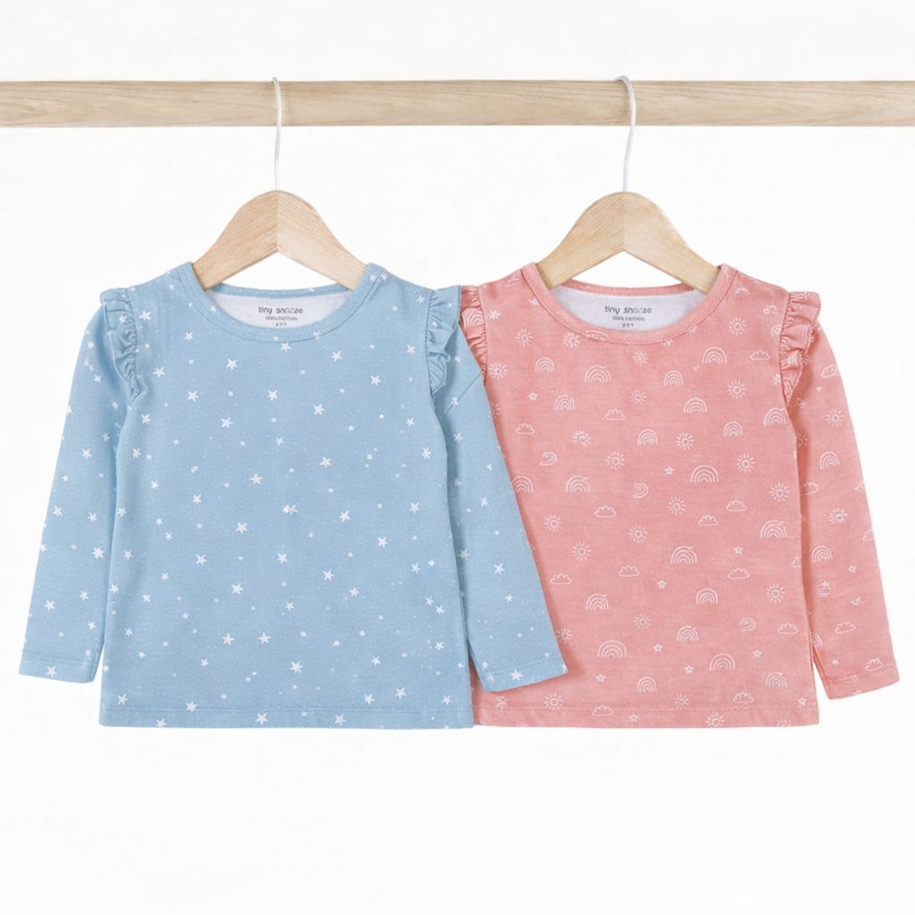 Girls Cotton Full-Sleeve Top- Grey Sky & Magical Sky- Pack of 2