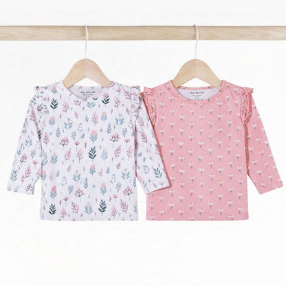 Girls Cotton Full-Sleeve Top- Pastel Leaves & Dandelions- Pack of 2