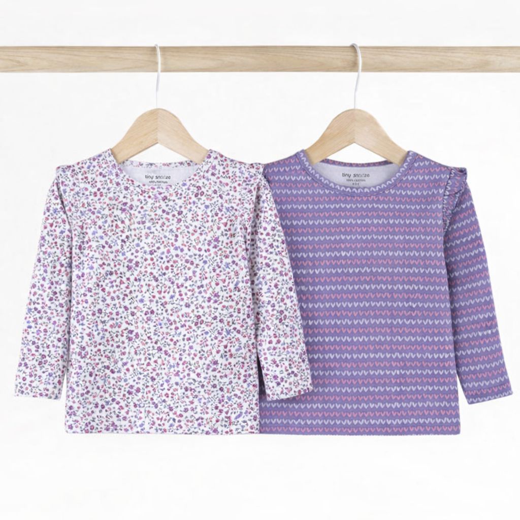 Girls Cotton Full-Sleeve Top- Blossom & Purple Hearts- Pack of 2