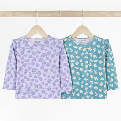 Girls Cotton Full-Sleeve Top- Green & Purple Flowers- Pack of 2