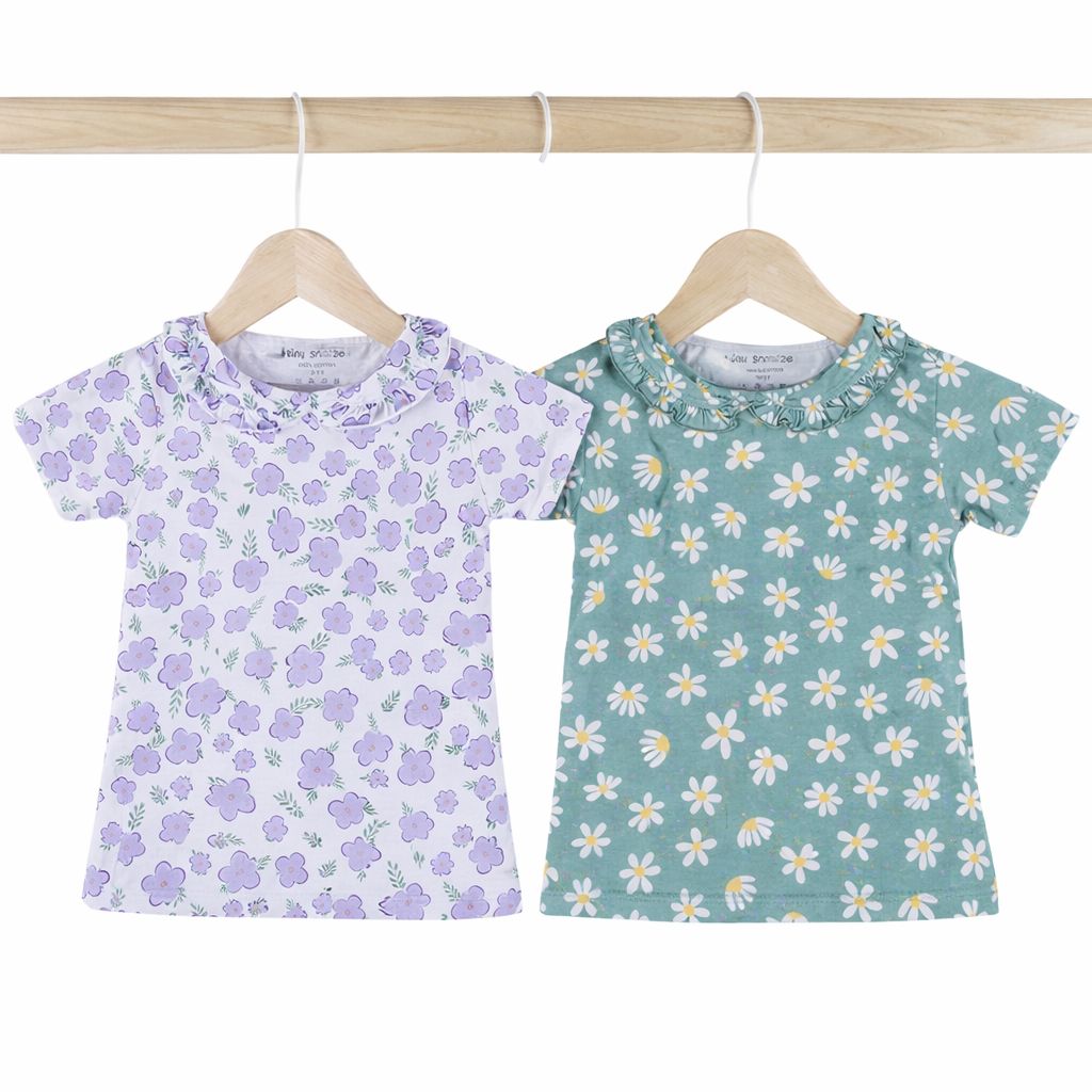 Girls Cotton Half-Sleeve Top- Green & Purple Flowers- Pack of 2