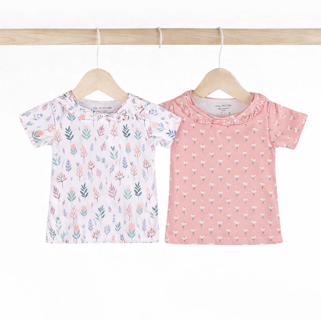 Girls Cotton Half-Sleeve Top- Pastel Leaves & Dandelions- Pack of 2