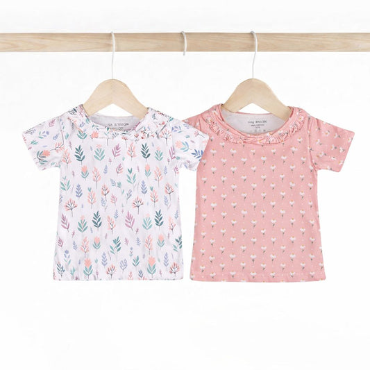 Girls Cotton Half-Sleeve Top- Pastel Leaves & Dandelions- Pack of 2
