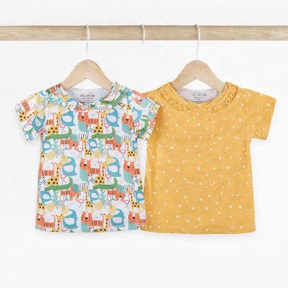 Girls Cotton Half-Sleeve Top- Colorful Animals & Yellow Sky- Pack of 2