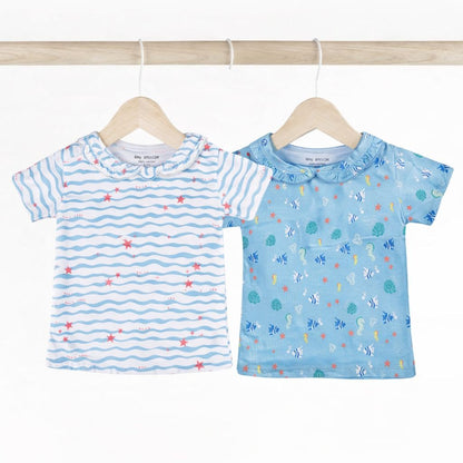 Girls Cotton Half-Sleeve Top- Waves & Underwater- Pack of 2