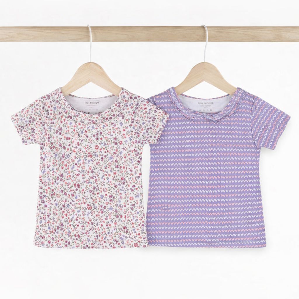 Girls Cotton Half-Sleeve Top- Blossom & Purple Hearts- Pack of 2