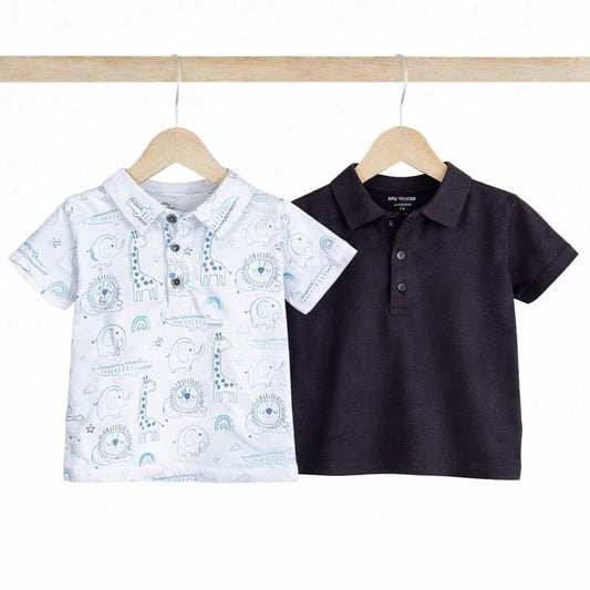 Boys Polo Tshirt- Grey Animals & Solid Black- Pack of 2