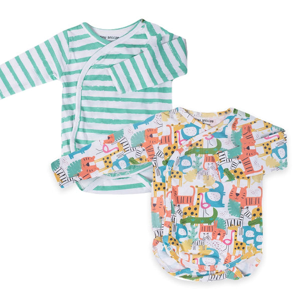 Kimono Bodysuits- Colorful Animals & Green Stipes- Pack of 2
