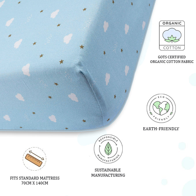 Organic Fitted Cot Sheet- Blue Clouds
