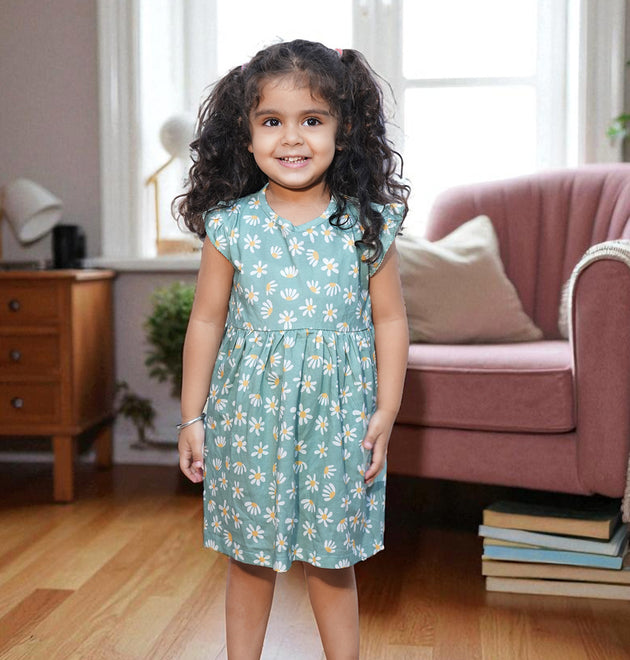 Girls Cotton Frock- Green Flowers