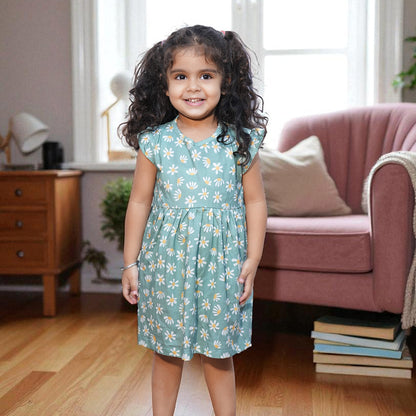 Girls Cotton Frock- Green Flowers