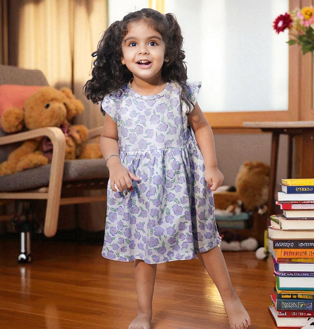 Girls Cotton Frock- Purple Flowers