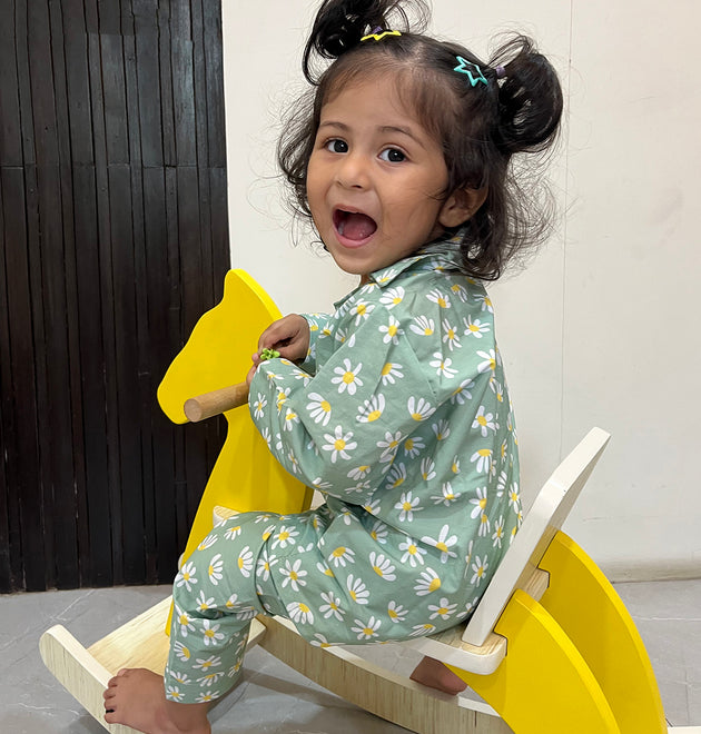 Cotton Nightsuit- Green Flowers